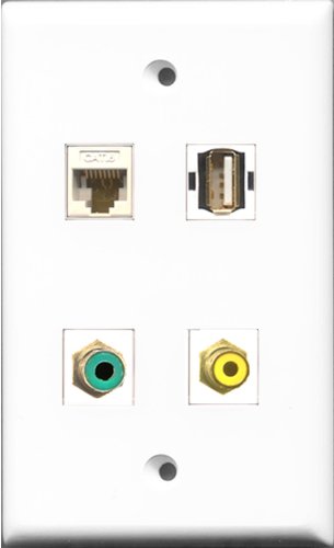 RiteAV 1 Port RCA Yellow and 1 Port RCA Green and 1 Port USB A-A and 1 Port Cat6 Ethernet White Wall Plate