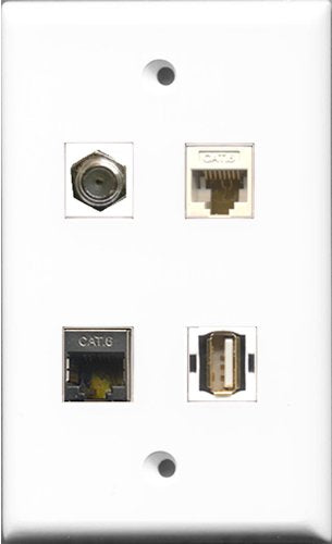 RiteAV 1 Port Coax Cable TV- F-Type and 1 Port USB A-A and 1 Port Shielded Cat6 Ethernet and 1 Port Cat6 Ethernet White Wall Plate