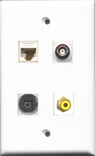 RiteAV 1 Port RCA Yellow and 1 Port Toslink and 1 Port BNC and 1 Port Cat6 Ethernet White Wall Plate