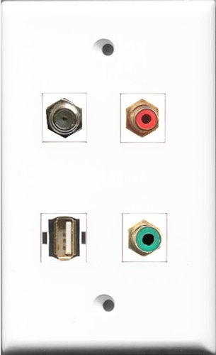 RiteAV 1 Port RCA Red and 1 Port RCA Green and 1 Port Coax Cable TV- F-Type and 1 Port USB A-A Wall Plate