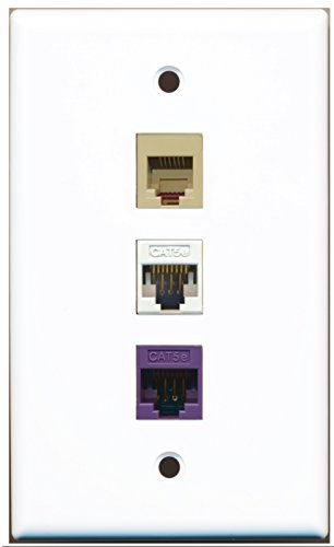 RiteAV - 1 Port Phone RJ11 RJ12 Beige 1 Cat5e Ethernet White 1 Cat5e Ethernet Purple Wall Plate