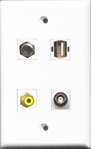 RiteAV 1 Port RCA Yellow and 1 Port Coax Cable TV- F-Type and 1 Port USB A-A and 1 Port BNC Wall Plate