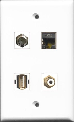 RiteAV 1 Port RCA White and 1 Port Coax Cable TV- F-Type and 1 Port USB A-A and 1 Port Shielded Cat6 Ethernet Wall Plate