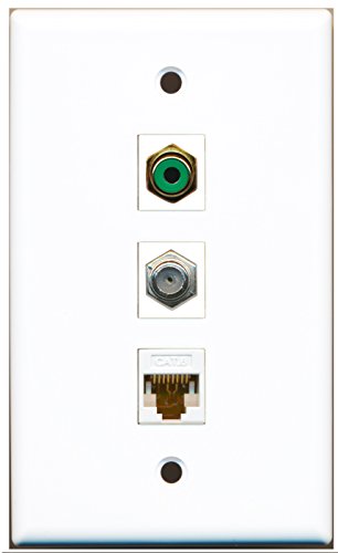 RiteAV - 1 Port RCA Green and 1 Port Coax Cable TV- F-Type and 1 Port Cat6 Ethernet White Wall Plate
