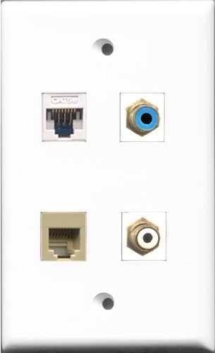 RiteAV 1 Port RCA White and 1 Port RCA Blue and 1 Port Phone RJ11 RJ12 Beige and 1 Port Cat5e Ethernet White Wall Plate