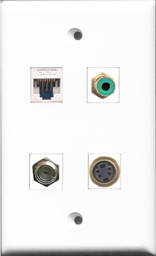 RiteAV 1 Port RCA Green and 1 Port Coax Cable TV- F-Type and 1 Port S-Video and 1 Port Cat5e Ethernet White Wall Plate