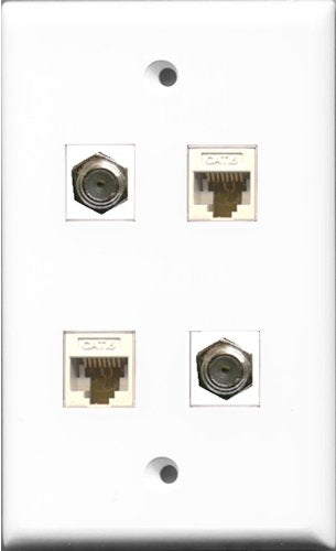 RiteAV - 2 Port Coax Cable TV- F-Type 2 Port Cat6 Ethernet White Wall Plate