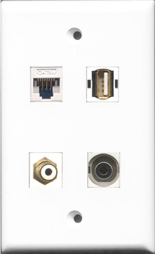 RiteAV 1 Port RCA White and 1 Port USB A-A and 1 Port 3.5mm and 1 Port Cat5e Ethernet White Wall Plate