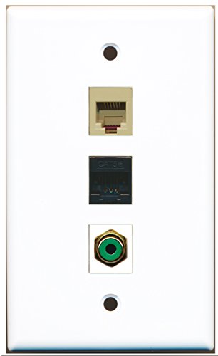 RiteAV - 1 Port RCA Green and 1 Port Phone RJ11 RJ12 Beige and 1 Port Cat5e Ethernet Black Wall Plate
