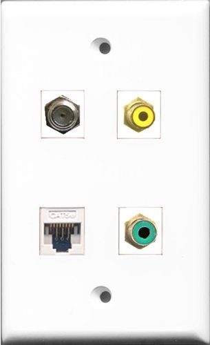RiteAV 1 Port RCA Yellow and 1 Port RCA Green and 1 Port Coax Cable TV- F-Type and 1 Port Cat5e Ethernet White Wall Plate