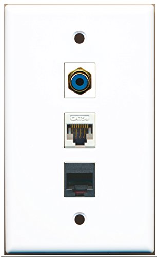 RiteAV - 1 Port RCA Blue and 1 Port Phone RJ11 RJ12 Black and 1 Port Cat5e Ethernet White Wall Plate