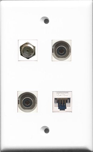 RiteAV 1 Port Coax Cable TV- F-Type 2 Port 3.5mm and 1 Port Cat5e Ethernet White Wall Plate