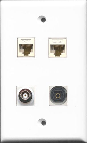 RiteAV 1 Port Toslink and 1 Port BNC 2 Port Cat6 Ethernet White Wall Plate