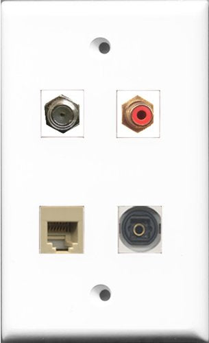 RiteAV 1 Port RCA Red and 1 Port Coax Cable TV- F-Type and 1 Port Phone RJ11 RJ12 Beige and 1 Port Toslink Wall Plate
