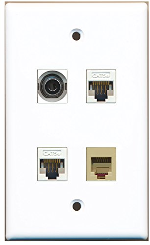 RiteAV - 1 Port Phone RJ11 RJ12 Beige 1 Port 3.5mm 2 Port Cat5e Ethernet White Wall Plate