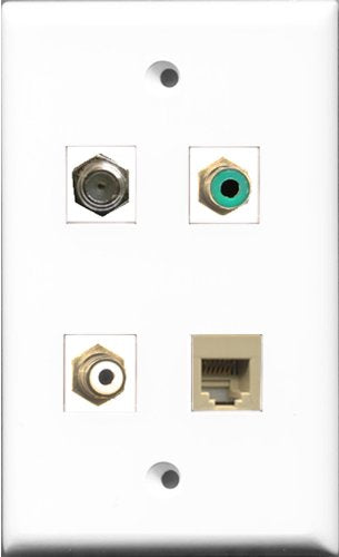 RiteAV 1 Port RCA White and 1 Port RCA Green and 1 Port Coax Cable TV- F-Type and 1 Port Phone RJ11 RJ12 Beige Wall Plate