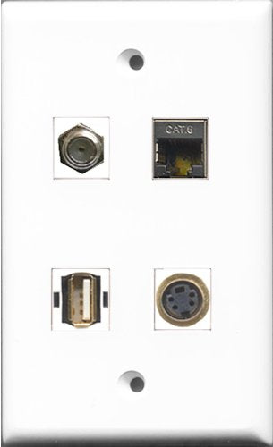 RiteAV 1 Port Coax Cable TV- F-Type and 1 Port USB A-A and 1 Port S-Video and 1 Port Shielded Cat6 Ethernet Wall Plate