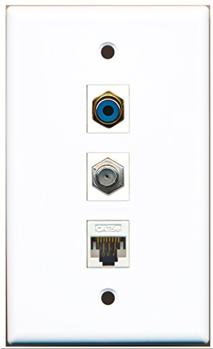 RiteAV - 1 Port RCA Blue and 1 Port Coax Cable TV- F-Type and 1 Port Cat5e Ethernet White Wall Plate