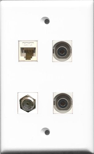 RiteAV 1 Port Coax Cable TV- F-Type 2 Port 3.5mm and 1 Port Cat6 Ethernet White Wall Plate
