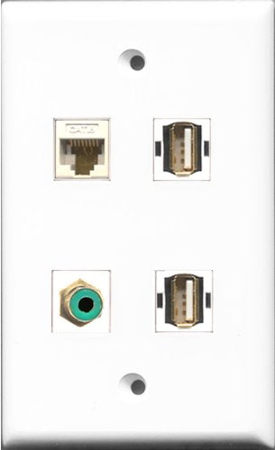 RiteAV 1 Port RCA Green 2 Port USB A-A and 1 Port Cat6 Ethernet White Wall Plate