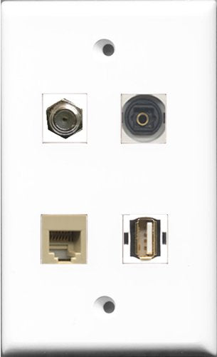 RiteAV 1 Port Coax Cable TV- F-Type and 1 Port USB A-A and 1 Port Phone RJ11 RJ12 Beige and 1 Port Toslink Wall Plate