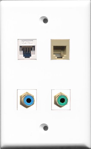 RiteAV 1 Port RCA Green and 1 Port RCA Blue and 1 Port Phone RJ11 RJ12 Beige and 1 Port Cat5e Ethernet White Wall Plate
