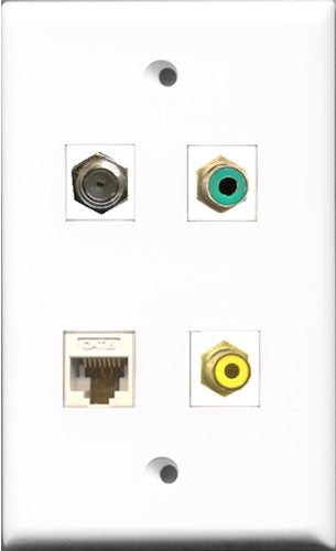 RiteAV 1 Port RCA Yellow and 1 Port RCA Green and 1 Port Coax Cable TV- F-Type and 1 Port Cat6 Ethernet White Wall Plate
