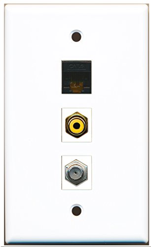 RiteAV - 1 Port RCA Yellow and 1 Port Coax Cable TV- F-Type and 1 Port Cat6 Ethernet Black Wall Plate
