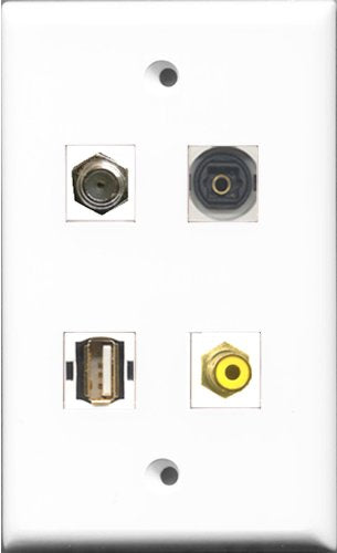 RiteAV 1 Port RCA Yellow and 1 Port Coax Cable TV- F-Type and 1 Port USB A-A and 1 Port Toslink Wall Plate
