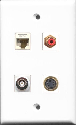 RiteAV 1 Port RCA Red and 1 Port S-Video and 1 Port BNC and 1 Port Cat6 Ethernet White Wall Plate