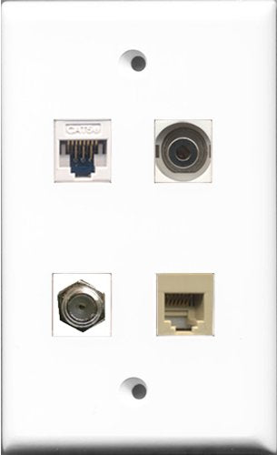 RiteAV - 1 Port Coax Cable TV- F-Type and 1 Port Phone RJ11 RJ12 Beige and 1 Port 3.5mm and 1 Port Cat5e Ethernet White Wall Plate