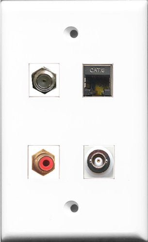 RiteAV 1 Port RCA Red and 1 Port Coax Cable TV- F-Type and 1 Port Shielded Cat6 Ethernet and 1 Port BNC Wall Plate