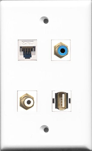 RiteAV 1 Port RCA White and 1 Port RCA Blue and 1 Port USB A-A and 1 Port Cat5e Ethernet White Wall Plate