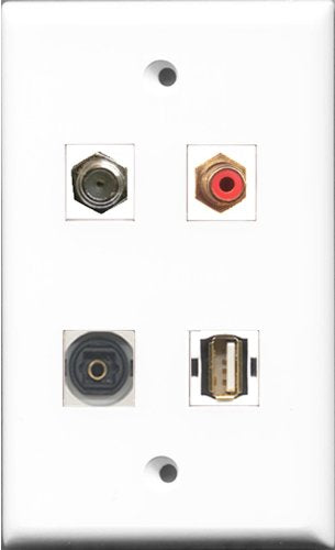 RiteAV 1 Port RCA Red and 1 Port Coax Cable TV- F-Type and 1 Port USB A-A and 1 Port Toslink Wall Plate