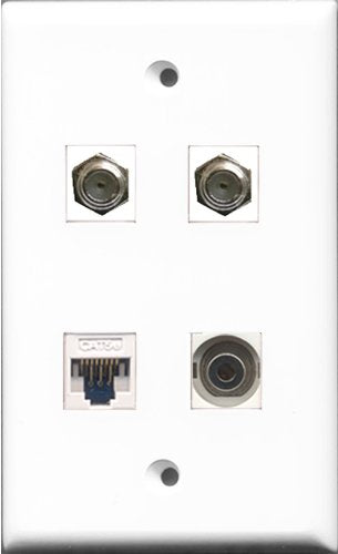 RiteAV - 2 Port Coax Cable TV- F-Type and 1 Port 3.5mm and 1 Port Cat5e Ethernet White Wall Plate