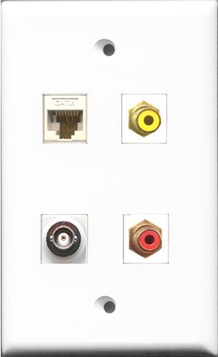 RiteAV 1 Port RCA Red and 1 Port RCA Yellow and 1 Port BNC and 1 Port Cat6 Ethernet White Wall Plate