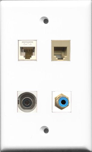 RiteAV 1 Port RCA Blue and 1 Port Phone RJ11 RJ12 Beige and 1 Port 3.5mm and 1 Port Cat6 Ethernet White Wall Plate