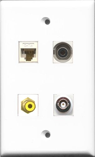 RiteAV 1 Port RCA Yellow and 1 Port 3.5mm and 1 Port BNC and 1 Port Cat6 Ethernet White Wall Plate