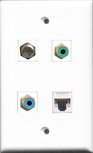 RiteAV 1 Port RCA Green and 1 Port RCA Blue and 1 Port Coax Cable TV- F-Type and 1 Port Cat5e Ethernet White Wall Plate