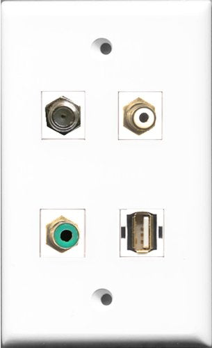 RiteAV 1 Port RCA White and 1 Port RCA Green and 1 Port Coax Cable TV- F-Type and 1 Port USB A-A Wall Plate
