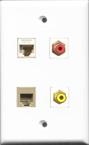 RiteAV 1 Port RCA Red and 1 Port RCA Yellow and 1 Port Phone RJ11 RJ12 Beige and 1 Port Cat6 Ethernet White Wall Plate