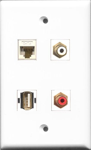 RiteAV 1 Port RCA Red and 1 Port RCA White and 1 Port USB A-A and 1 Port Cat6 Ethernet White Wall Plate