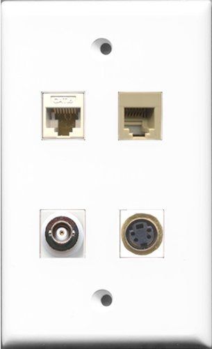 RiteAV 1 Port Phone RJ11 RJ12 Beige and 1 Port S-Video and 1 Port BNC and 1 Port Cat6 Ethernet White Wall Plate