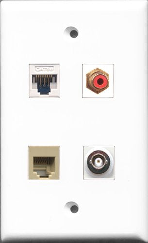 RiteAV 1 Port RCA Red and 1 Port Phone RJ11 RJ12 Beige and 1 Port BNC and 1 Port Cat5e Ethernet White Wall Plate