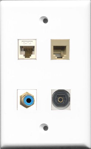 RiteAV 1 Port RCA Blue and 1 Port Phone RJ11 RJ12 Beige and 1 Port Toslink and 1 Port Cat6 Ethernet White Wall Plate