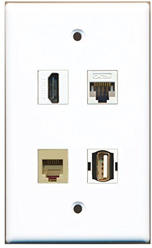RiteAV - 1 Port HDMI 1 Port USB A-A 1 Port Phone RJ11 RJ12 Beige 1 Port Cat5e Ethernet White Wall Plate