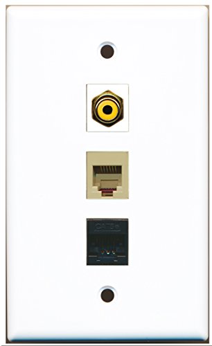 RiteAV - 1 Port RCA Yellow and 1 Port Phone RJ11 RJ12 Beige and 1 Port Cat5e Ethernet Black Wall Plate