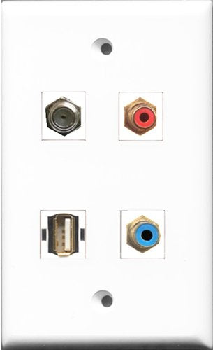 RiteAV 1 Port RCA Red and 1 Port RCA Blue and 1 Port Coax Cable TV- F-Type and 1 Port USB A-A Wall Plate
