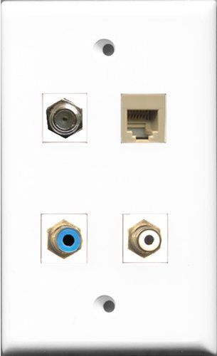 RiteAV 1 Port RCA White and 1 Port RCA Blue and 1 Port Coax Cable TV- F-Type and 1 Port Phone RJ11 RJ12 Beige Wall Plate