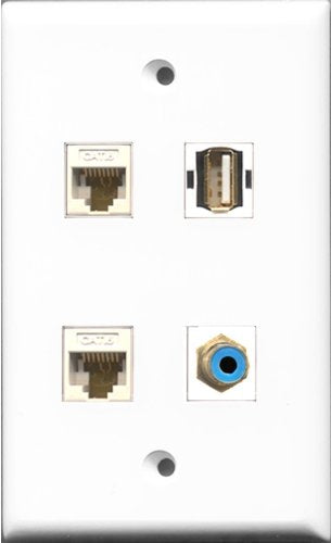 RiteAV 1 Port RCA Blue and 1 Port USB A-A 2 Port Cat6 Ethernet White Wall Plate